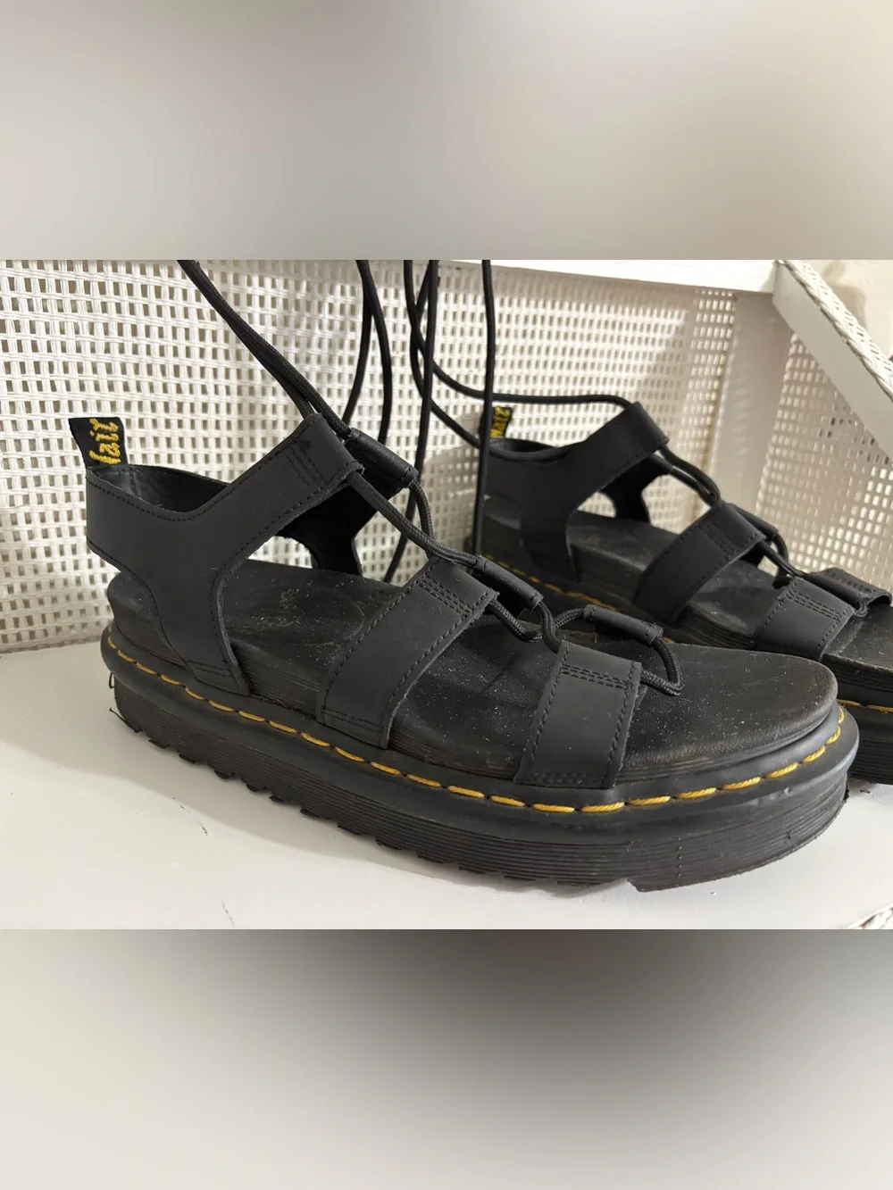 Dr. Martens Nartilla Black Lace-Up Gladiator Platform Sandals - Yellow Stitching